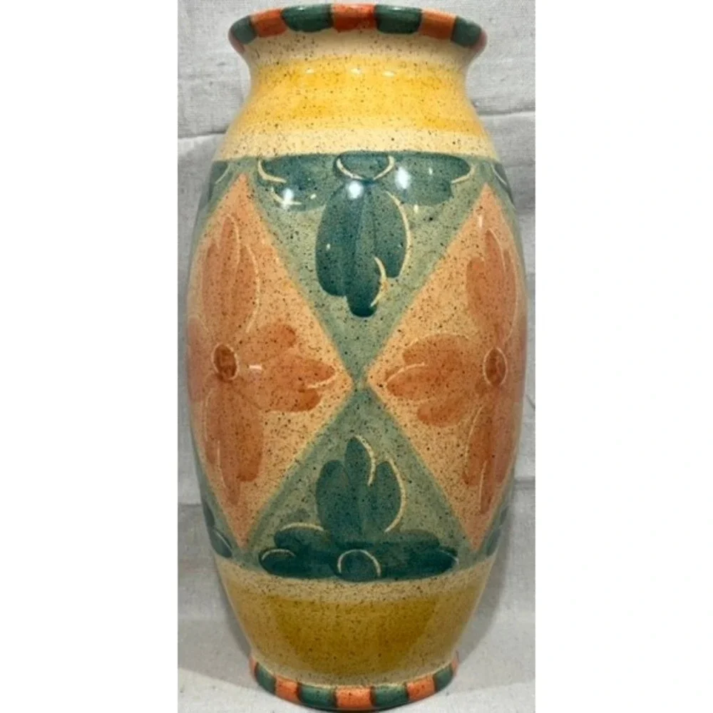 Horchow Italy Hand Painted Ceramic Vase Floral Geometric Art Pottery 14